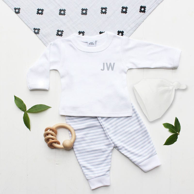 Personalised Baby's Initials Grey Stripe Outfit & Hat