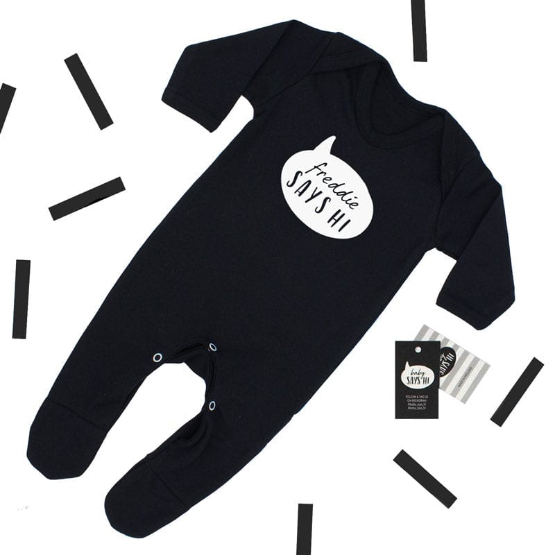 Baby Says Hi Personalised Sleepsuit - Black