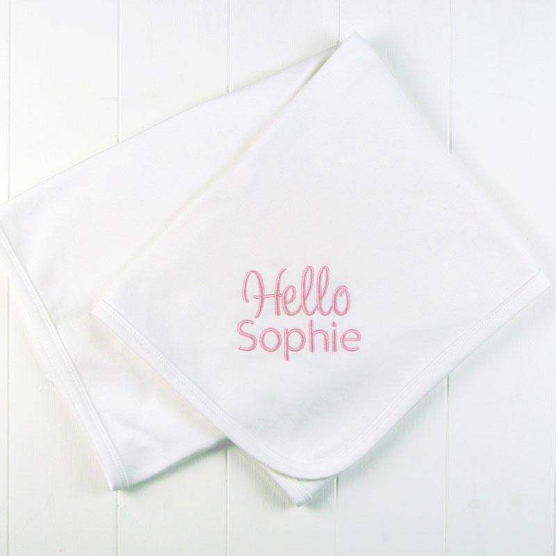 Personalised Embroidered White 'Hello Baby' Blanket