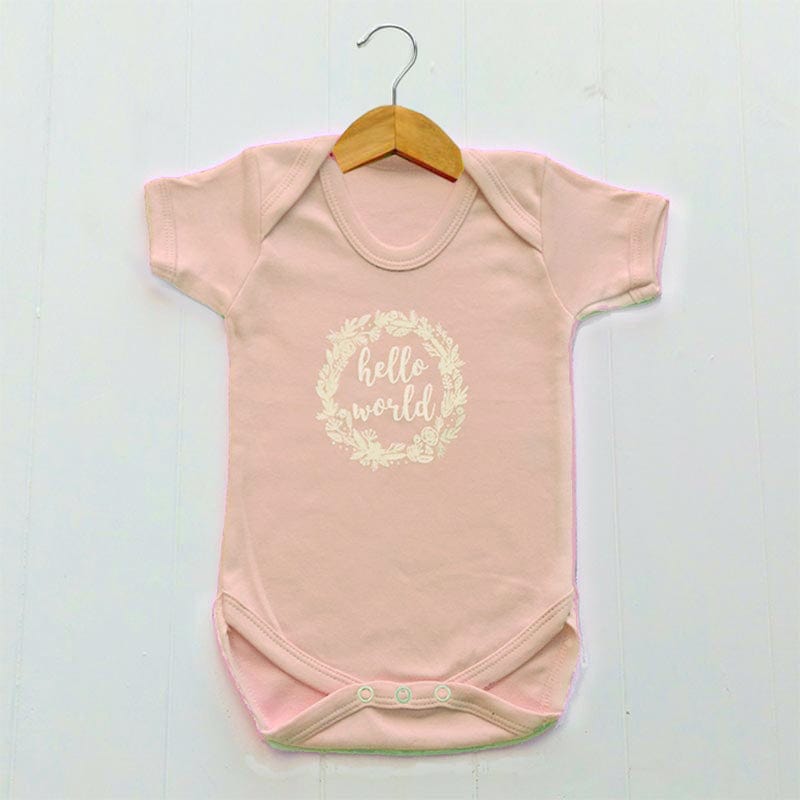 Newborn Baby Girls Bodysuit, Blush Pink, Hello World Print