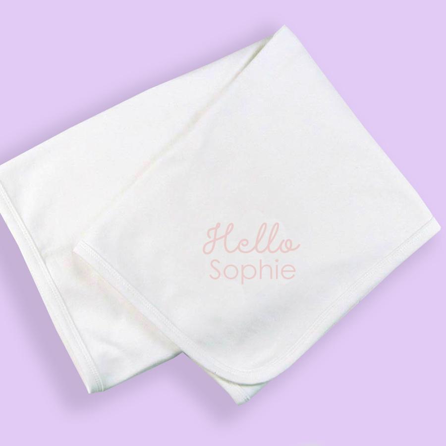 Personalised White 'Hello Baby' Cotton Pram Blanket