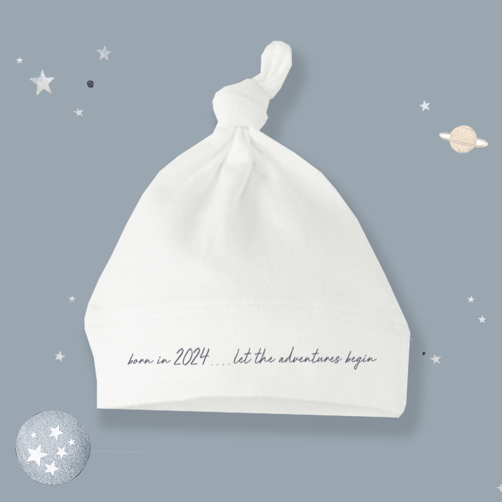 'Born In 2024...Let the Adventure Begin' White Knotted Hat 0-6 months