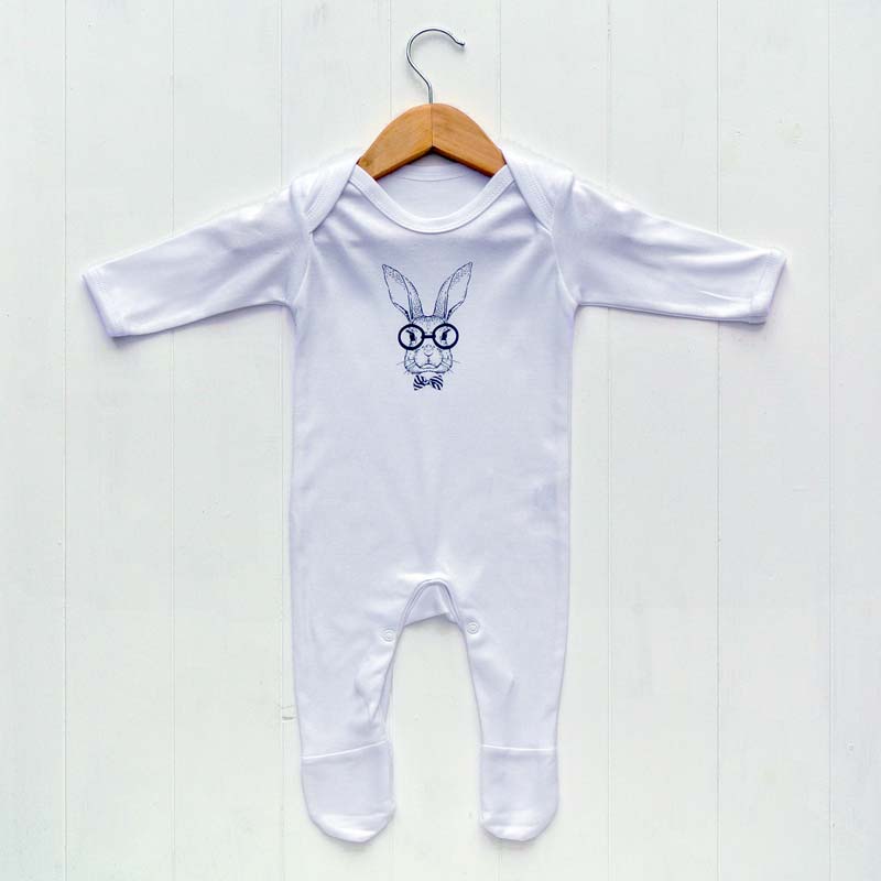 Newborn Baby Sleepsuit, White, Bunny Face Print