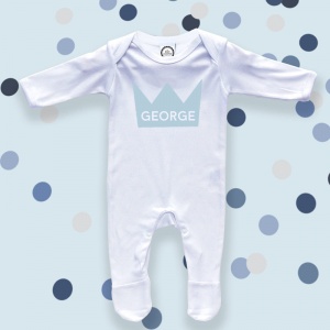 Personalised Blue Crown Baby Sleepsuit