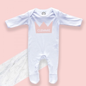 Personalised Pink Crown Baby Sleepsuit