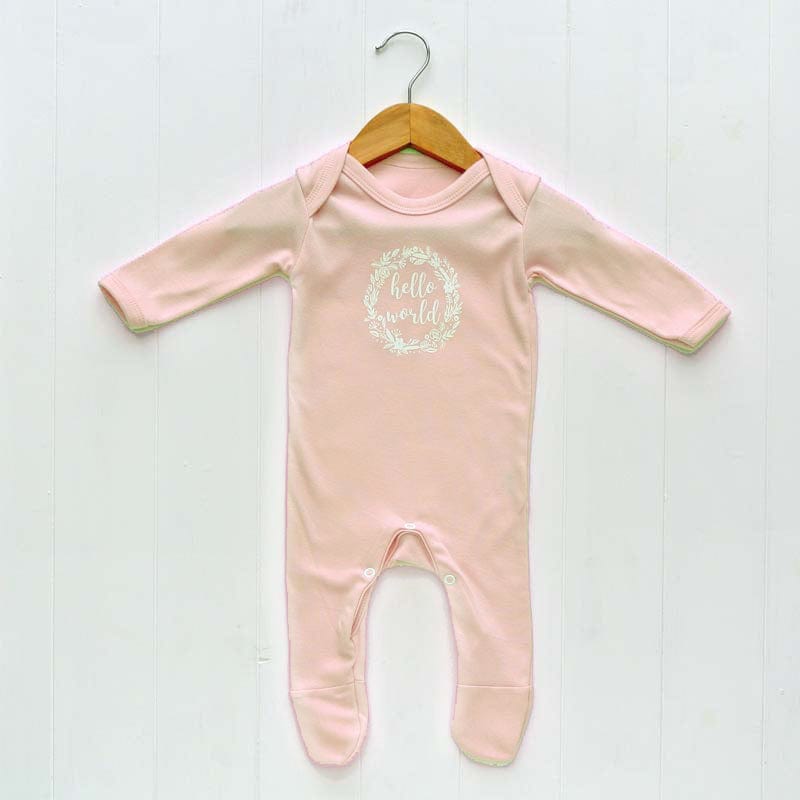 Newborn Baby Girls Sleepsuit, Blush Pink, 'Hello World' Print